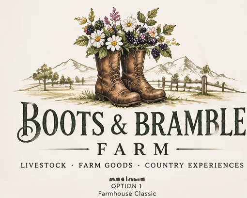 Boots & Bramble Farm: leather boots with wildflowers, blackberry brambles, mountain silhouettes and a barn